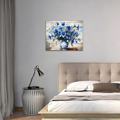 Daisy Flower Wall Art, 20 x 16 inch, Blue Nature Botanical Canvas Prints Picture Farmhouse Flowers in Vase Artwork for Kitchen Living Room Home Decoration