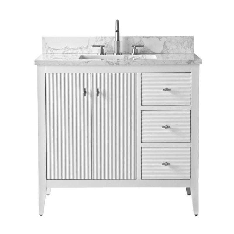 Laval 36" Single Sink Freestanding Bathroom Vanity with Engineered Marble Top, Linear White, Brushed Nickel