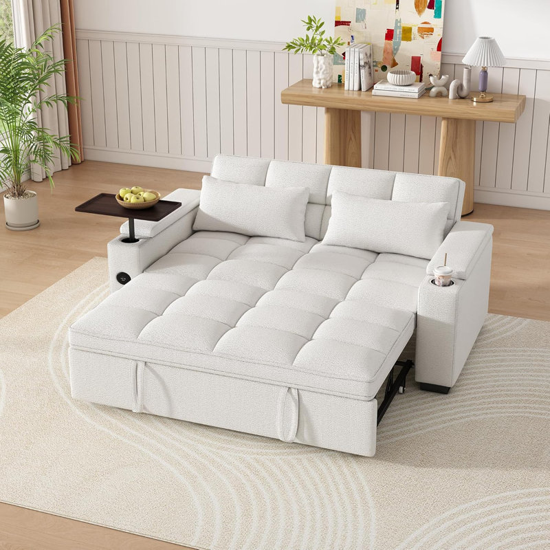 Canapé-lit 68 pouces avec table d'appoint rotative, porte-gobelets et ports USB, Beige
