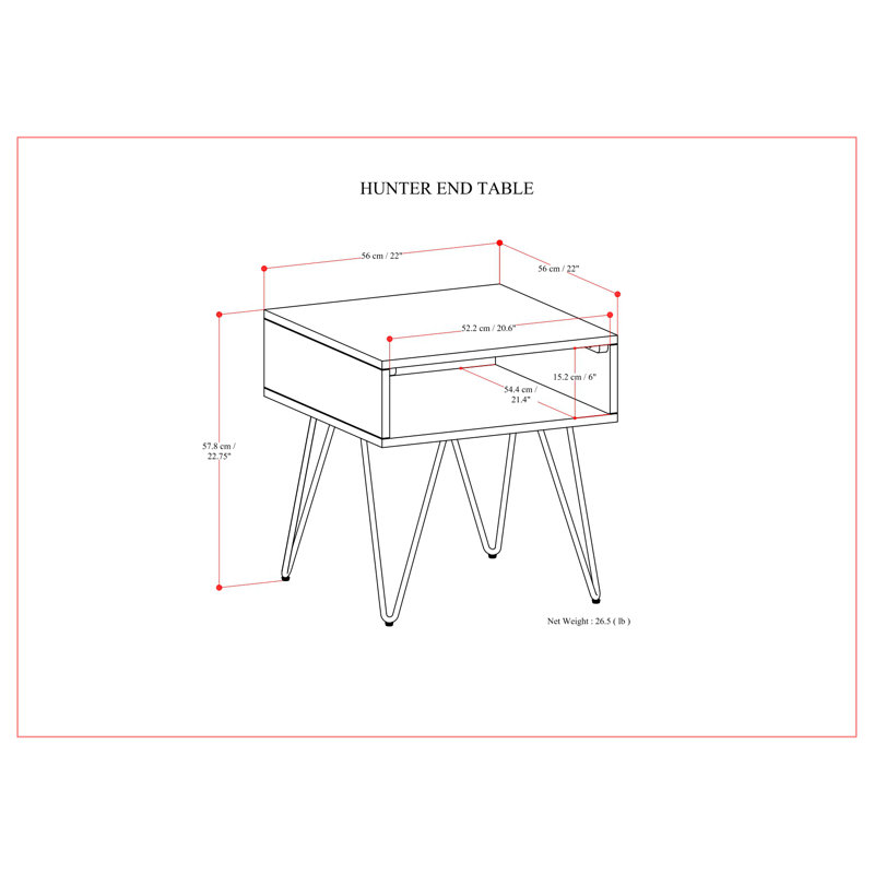 Hunter 22 Inch Oak Veneer Industrial End Table with Metal Hairpin Legs