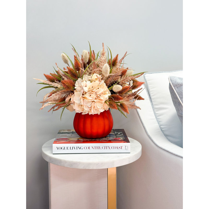 Hydrangea And Pampas Fall Arrangement In Glass Pumpkin
