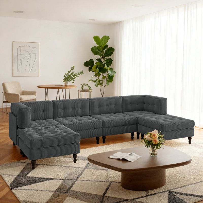 6 Seater Corduroy Sectional, Grey Corduroy