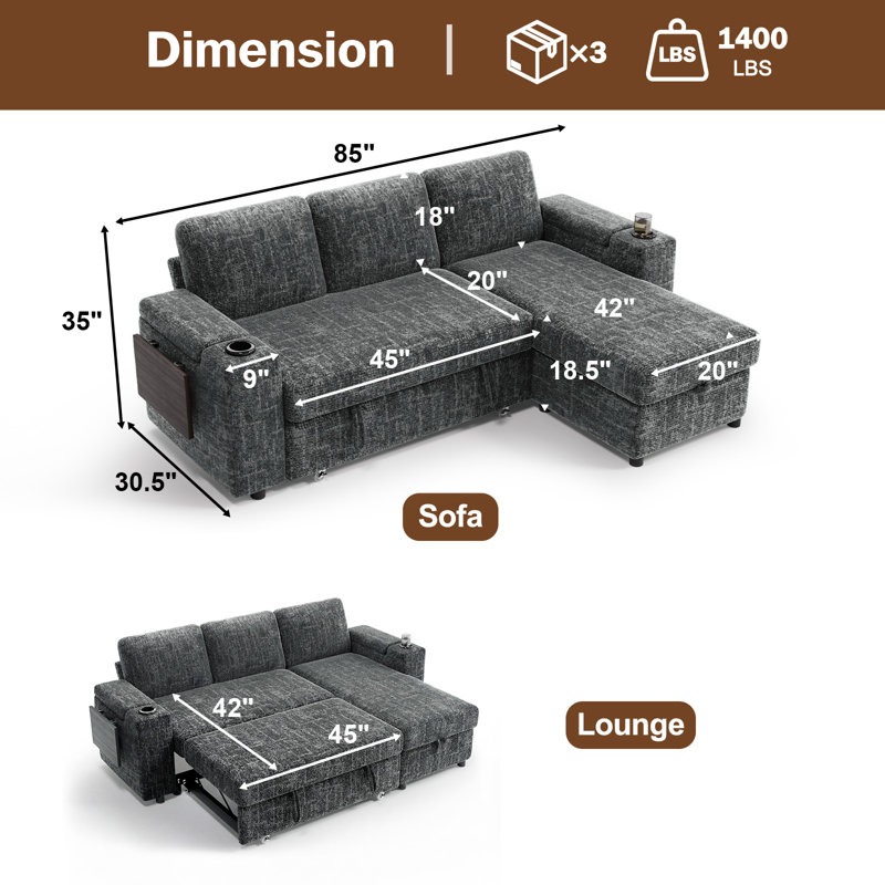 85-Inch 3-Seater Sofa Bed With Adjustable Backrest, Foldable Coffee Table, Cup Holders, Usb & Type C Ports, Storage Pockets, Perfect For Home, Hotel, Apartment, And Dorm