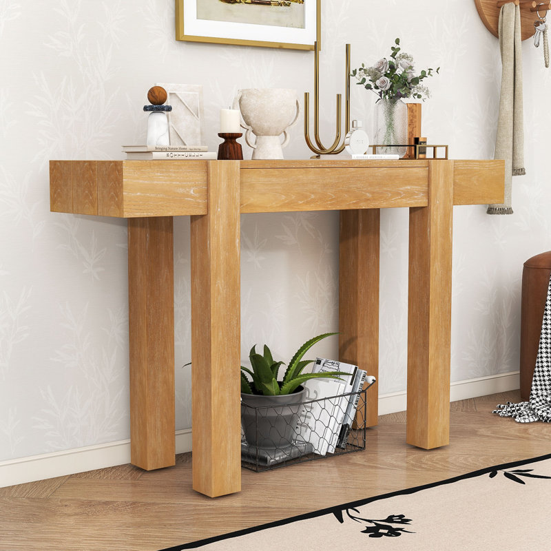 Farmhouse-Contemporary Wood Entryway Table with Charging Ports, Hidden Storage Drawer, Natural