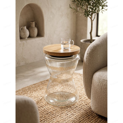 Table d'appoint en verre avec plateau en bois, table d'appoint ronde avec base peinte à la main, table d'appoint moderne tropical