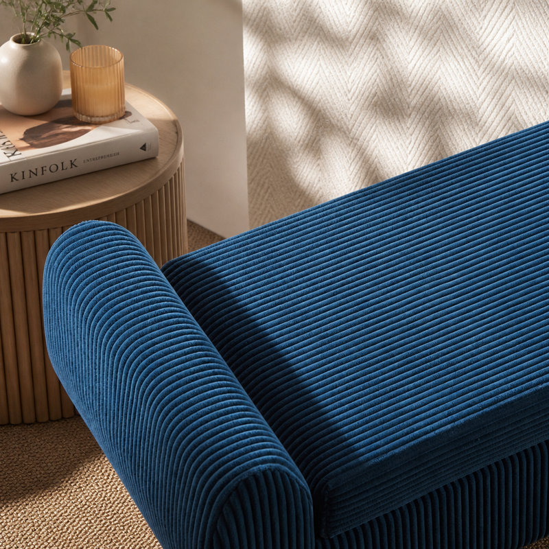 Banc rembourré en velours côtelé avec rangement 57 po, Bleu