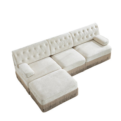 Beige 3-Seater Velvet Modular Sectional Sofa with Button Tufted Back, Tassel Skirt & Ottoman