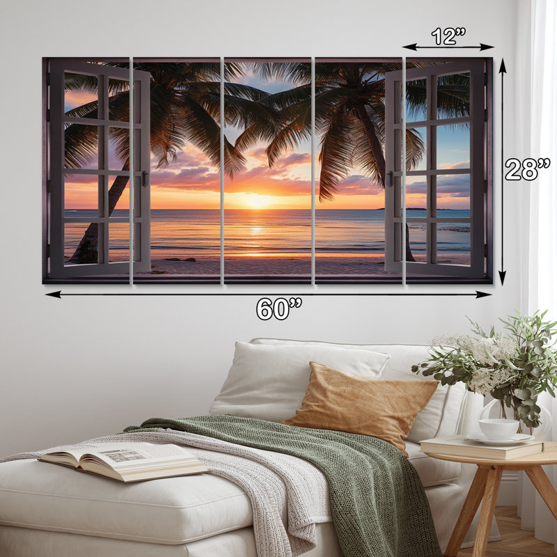 Océan tropical, coucher de soleil à travers une fenêtre blanche ouverte I - art mural sur toile côtière - 5 panneaux égaux
