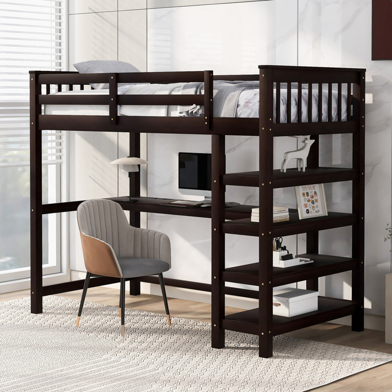 Lit mezzanine simple avec tablettes de rangement et bureau sous le lit, espresso