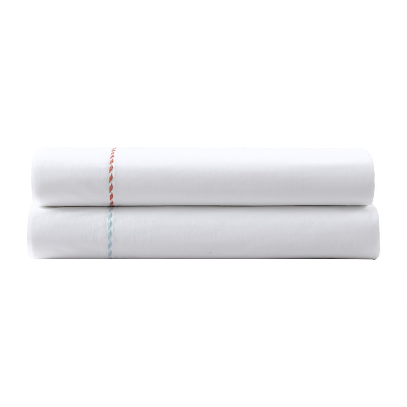 Queen White Cotton Percale Sheet Set with Orange Embroidery