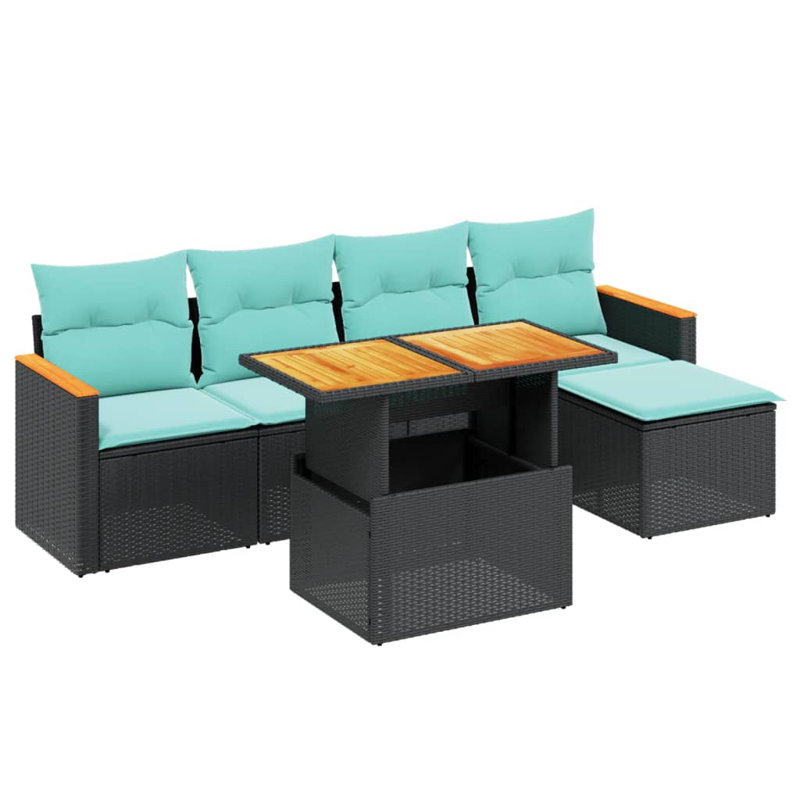  Ensemble de canapé de patio 6 pièces avec coussins en rotin de polyester, Noir, Vert