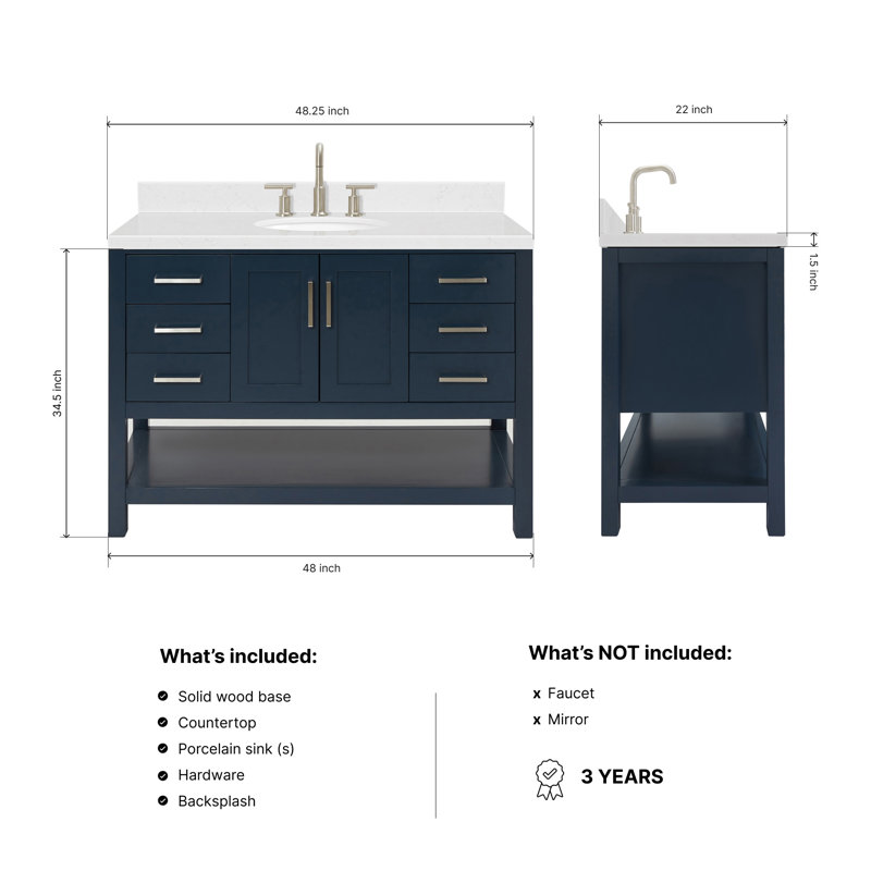 ARIEL Magnolia 48 Single Bathroom Vanity with Top, Midnight Blue, Oval