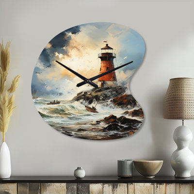 Vintage Lighthouses Guiding Light I - Lighthouse Irregular Shape Metal Wall Clock, Coral Asymmetrical Wall Clock Print