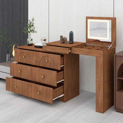 Bedroom Vanity Table with Built-In Mirror and Lights, Flip-Top Design and Multiple Storage Drawers