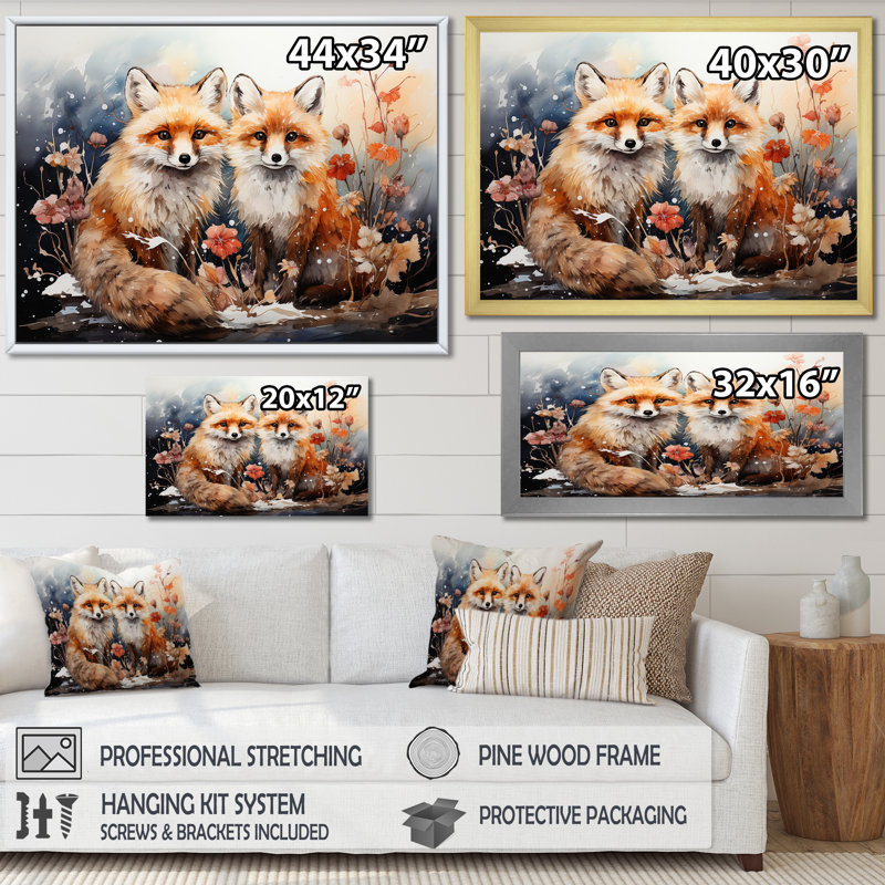 «Springtime Foxs Gaze II», art mural animal renard, Cadre flottant blanc, H 16 po x l 32 po x P 1 po