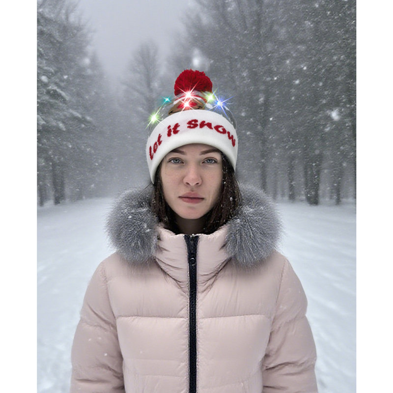 Light Up Xmas Festive Fun Cosy Hat Let It Snow Grey