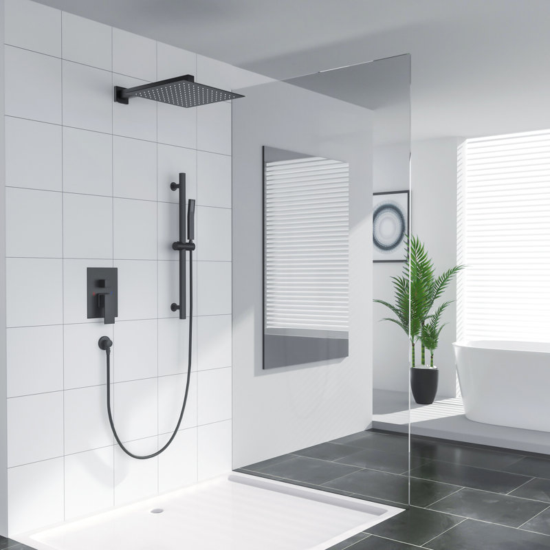 Système de douche à pluie à pression équilibrée avec pommeau de douche mural 12 po, Noir mat