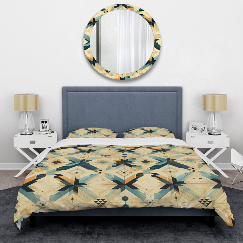Boho Blue And Beige Tiles Geometric Shapes Duvet Cover, King Duvet Cover + 2 King Shams