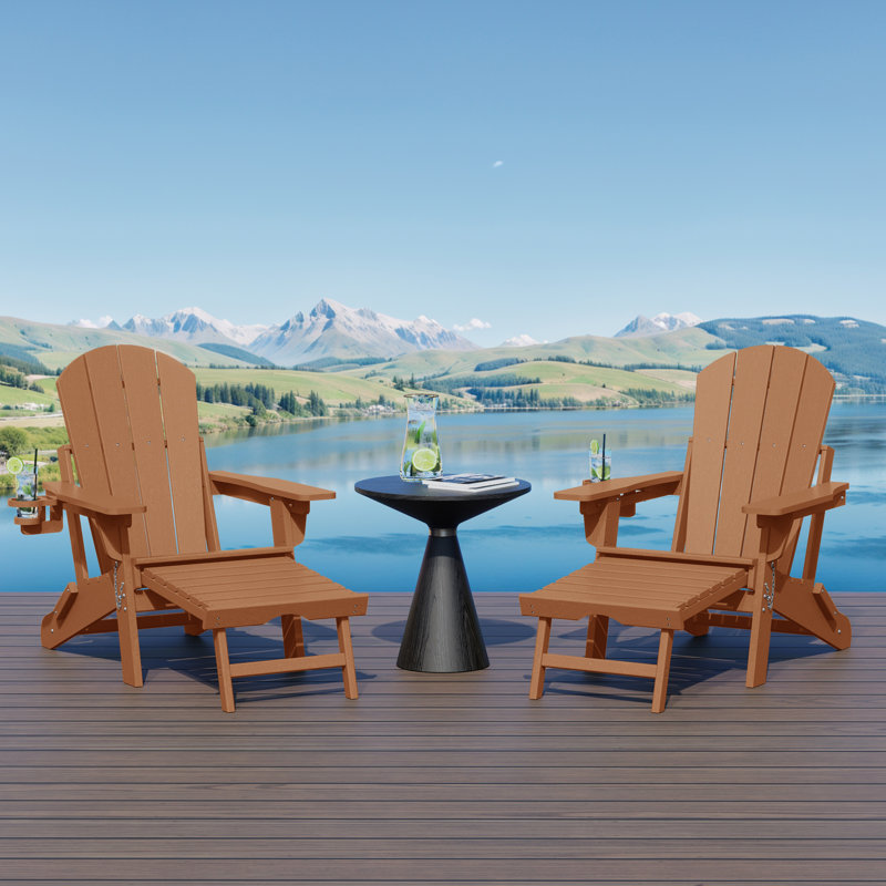 Laguna Outdoor Folding Adjustable Adirondack Chair With Cup Holder & Hideaway Ottoman (Set Of 2), Tan