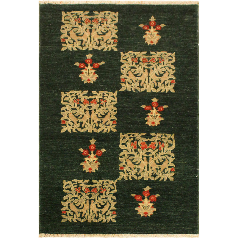 Tapis vert / rouge / beige en laine noué à la main 3 pi 1 po x 4 pi 9 po Ray Floral