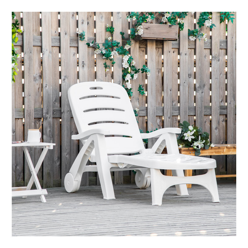 Outdoor Chaise Lounge, 5 Level Adjustable Backrest Lounge Chair With Wheels, Folding Tanning Chair For Pool, Beach, Patio, Garden, White