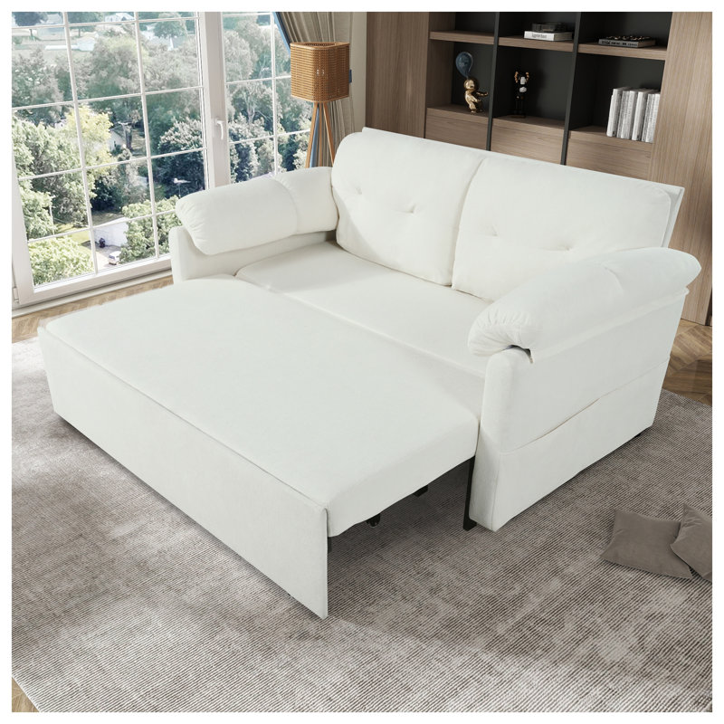 Grand canapé-lit convertible avec rangement latéral - Causeuse en chenille beige pour petits espaces, Blanc