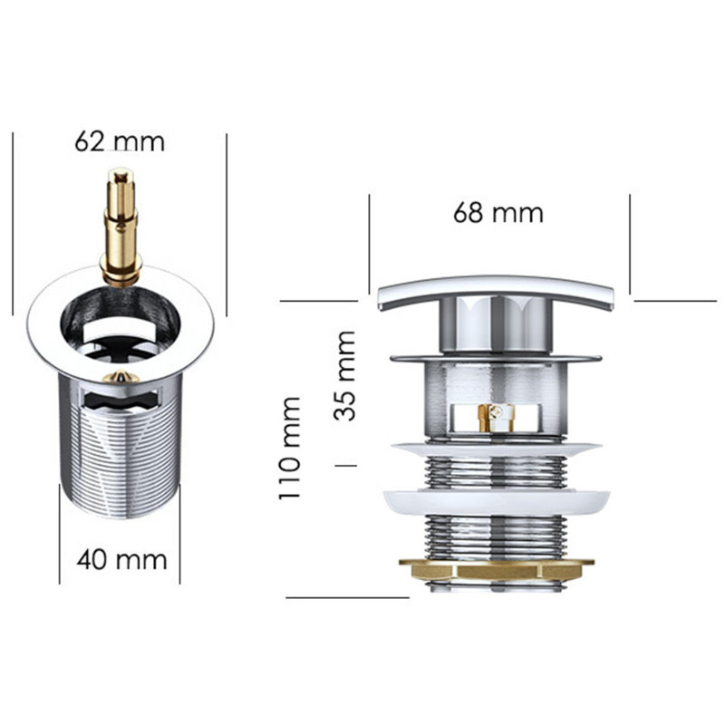  Push Pop Up Chrome Basin Waste Plug - Slotted Suitable for Sink with Overflow - Rising Square Push Button