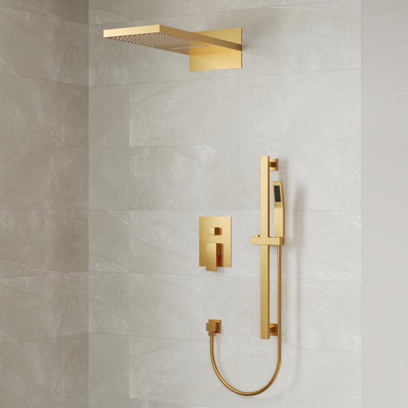 22" Waterfall & Rainfall Shower System with Adjustable Slide Bar Handheld Shower and Pressure-Balanced Valve, Brushed Gold