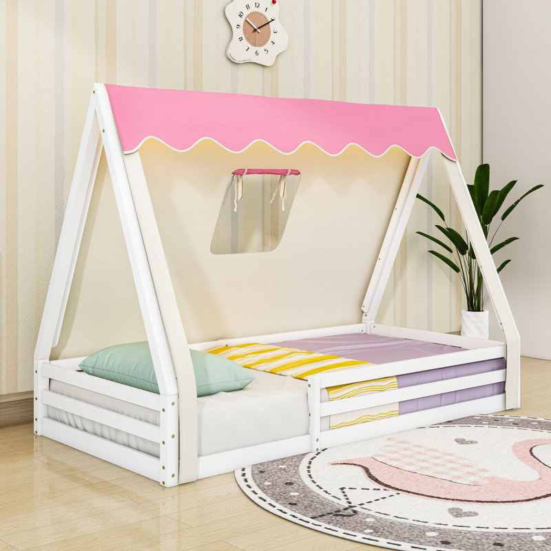 Lit sur pied en bois avec lumière DEL, tente et garde-corps, Simple, Rose blanc