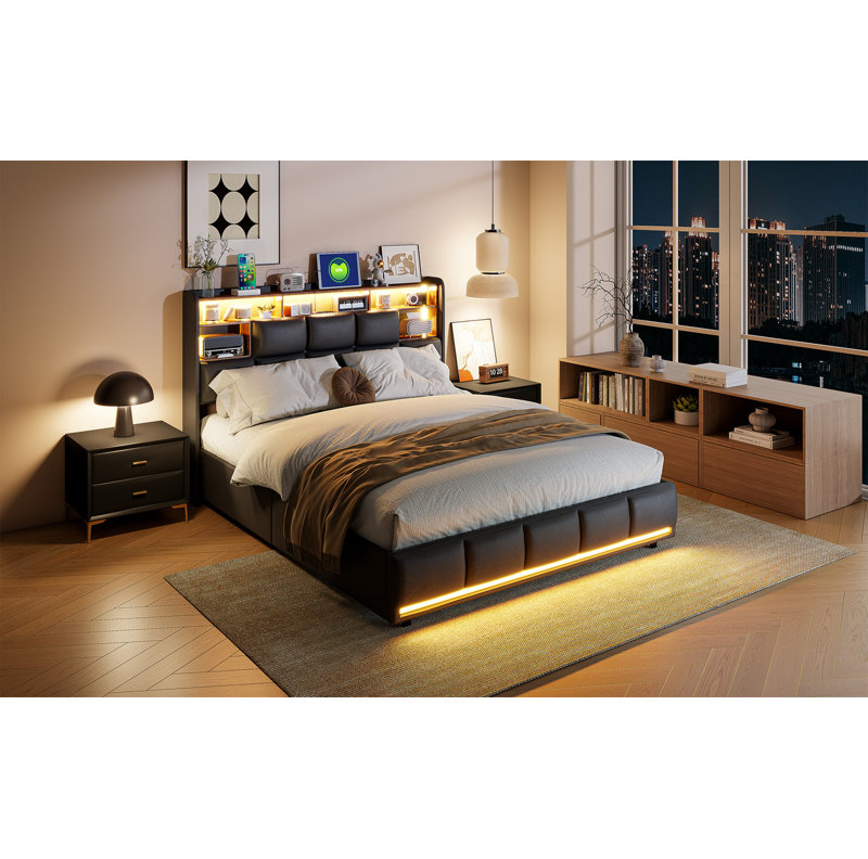 Upholstered Bed with LED Strip Lights, 140*200cm