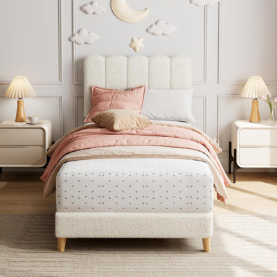 Structure de lit simple, lit plateforme tapissier avec tête de lit Wave pour enfants, assemblage facile, support de lattes en bois, aucun sommier requis