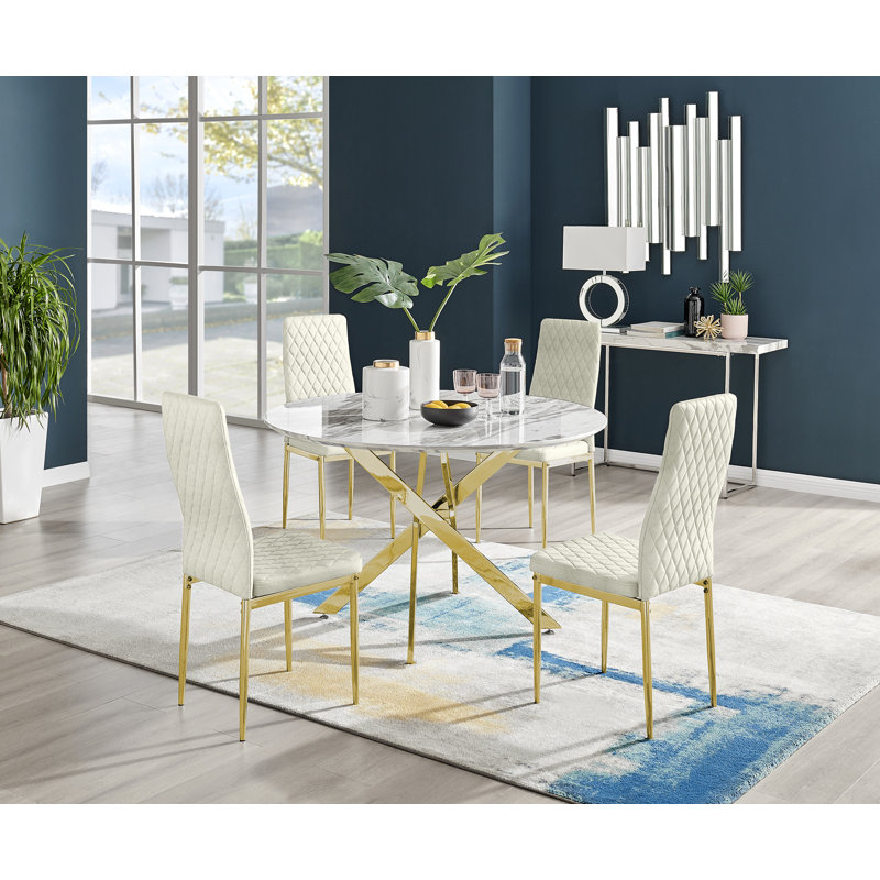 Tierra Modern Chrome Metal & Glass Round Dining Table Set with 4 Quilted Velvet Chairs, 75 x 120 x 120cm, Cream/Gold, Gold