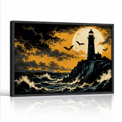 Art mural sur toile, "Phare et chauves-souris sous la pleine lune", ciel orange