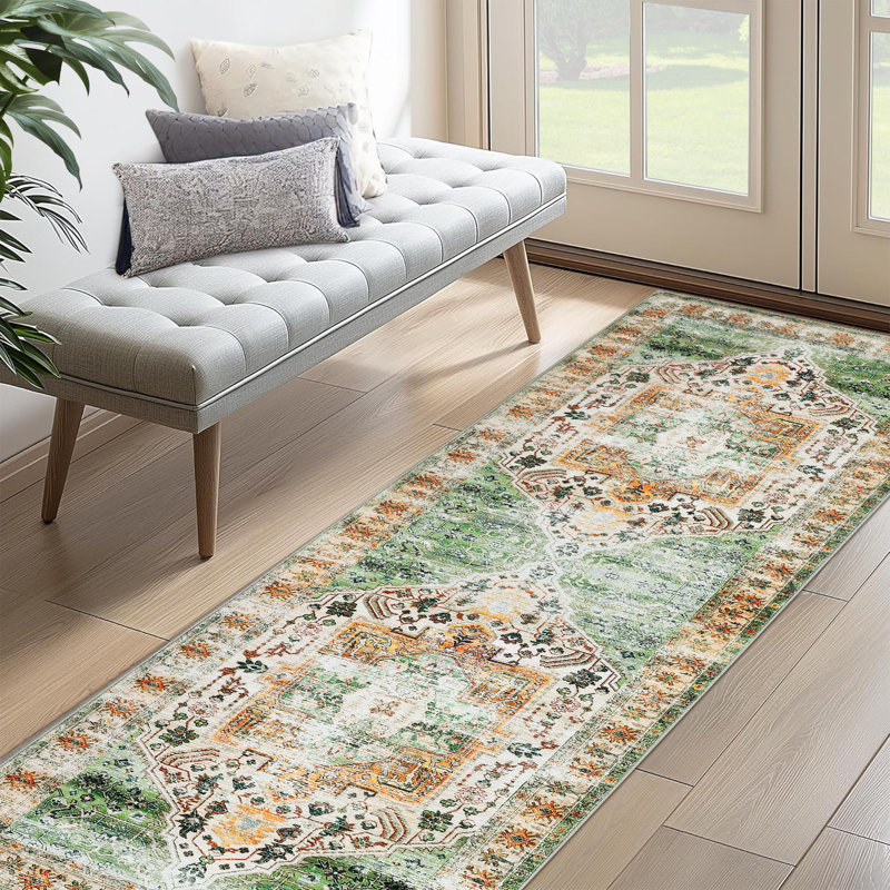 Area RugRugs for Living RoomNon Slip Stain Resistant Kitchen RugVintage Distressed Accent Rug Floor Cover for Bedroom, Green