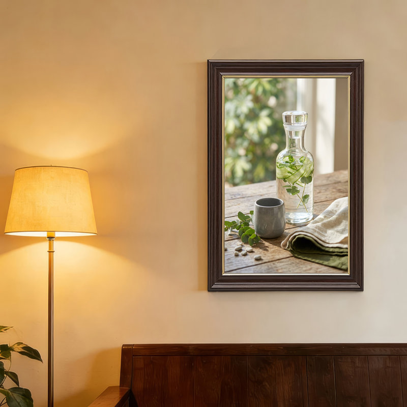 Carafe en verre avec des tranches de concombre et des feuilles de menthe sur une table en bois, art mural, 18"H x 12"W