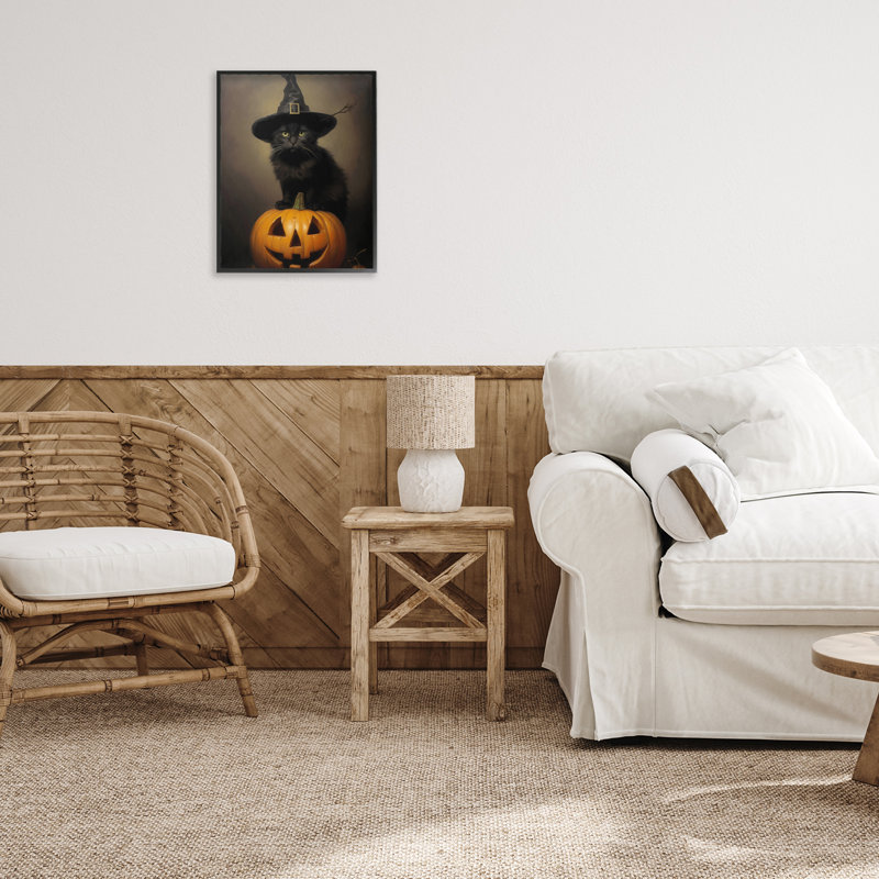 Giclée encadrée de chat noir sur citrouille, design par LSR Design Studio, H 14 po x l 11 po, Giclée encadrée noir minuit