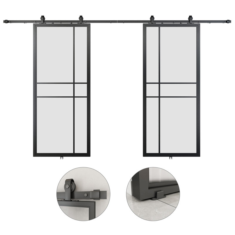 Glass and Metal Barn Door with Installation Hardware Kit and Handle