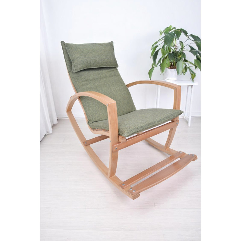 Chaise berçante à haut dossier à structure en bois avec design ergonomique, favorisant la détente et la facilité, rembourré de bois massif contemporain, lisse et confortable