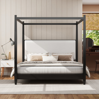 King Size Canopy Platform Bed with Upholstery Headboard,with Wooden Slat Support Legs,Black