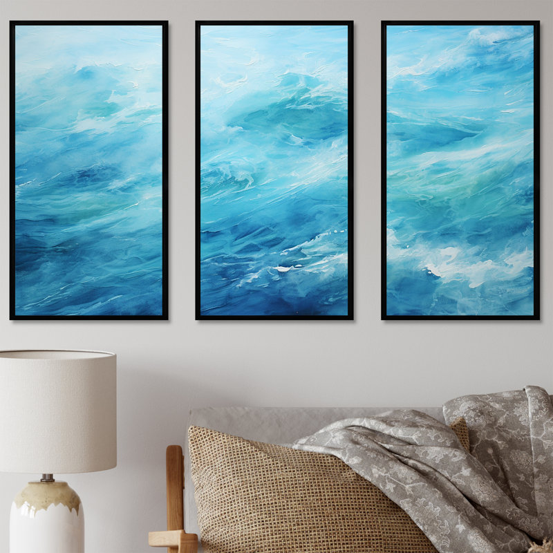 Ensemble de salon art mural bleu azur / lagon bleu azur, Cadre flottant noir, H 40 po x l 60 po x P 1 po