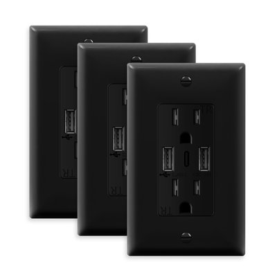 Prise murale de type A / A 3 ports 15 A TopGreener, noire (paquet de 3)