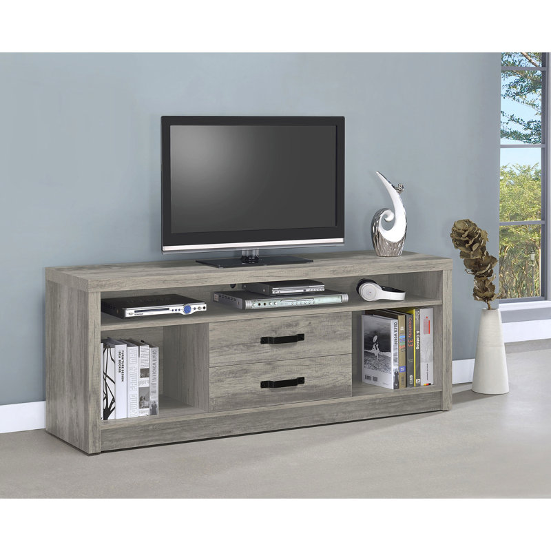 Meuble télé à 2 tiroirs en bois d'ingénierie avec une finition grise en bois flotté, double rangement pour espace de rangement, conception inspirée vieillie, utilisation durable, support polyvalent à profondeur de produit de 59 pouces, capture de bois