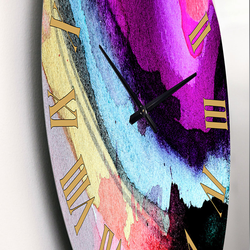 Watercolor Waves of Mauve, bleu et jaune - Horloge murale moderne, Très petit