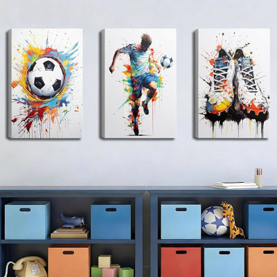 3Pcs Watercolor Soccer Canvas Wall Art Football Themed Bedroom Painting Picture Wall Decor Abstract Soccer Sneakers Poster Print Artwork For Bedroom Teens Playroom Home Decoration 12Inx16in