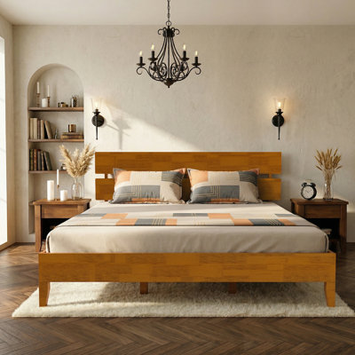 Solid Wood Platform Bed Frame , King Bed Frame With Headboard Included, Mid Century Modern Bed, Caramel