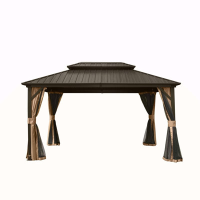 10' X 12' Hardtop Gazebo, Aluminum Metal Gazebo With Galvanized Steel Double Roof Canopy, Curtain And Netting, Permanent Gazebo Pavilion For Party, Wedding, Outdoor Dining, Brown