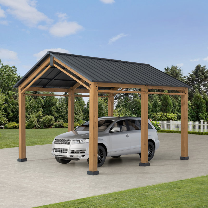 Abri d'auto de garage robuste à toit rigide en bois avec toit en acier et structure en bois pour abri de voiture avec toit en bois et toit en bois à pignon de 13 pi x 11 pi SUNJoy