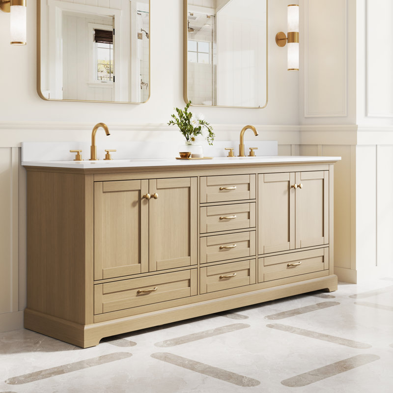 Meuble-lavabo autoportant l 80 po x H 34,2 po avec comptoir en marbre de culture blanc et lavabo, chêne, Chêne, Doré, 80"