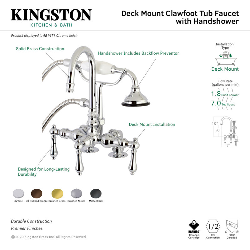 Kingston Brass Aqua Vintage Three-Handle 2-Hole Deck Mount Clawfoot Tub Faucet with Hand Shower, Brushed Nickel