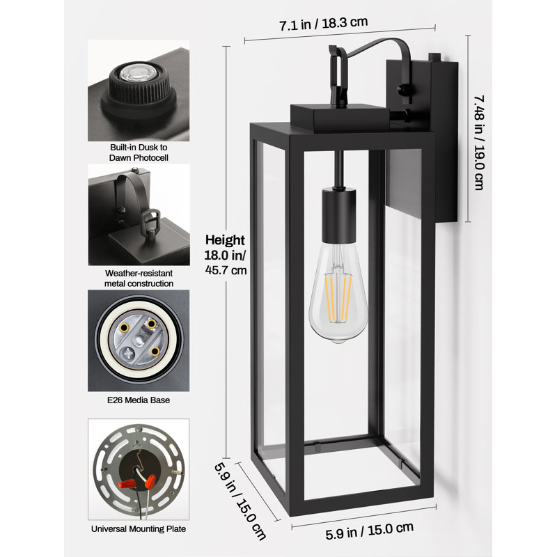 Lanterne murale d'extérieur 1 lumière noire matte Flerida, H 17,13 po x l 5,91 po x P 7,09 po